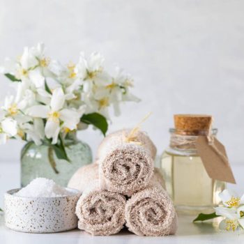 spa concept jasmine oil with bath salt flowers 1